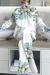 Casual Street Floral Print Contrast Turtleneck Long Sleeve Two Pieces(5 Colors)